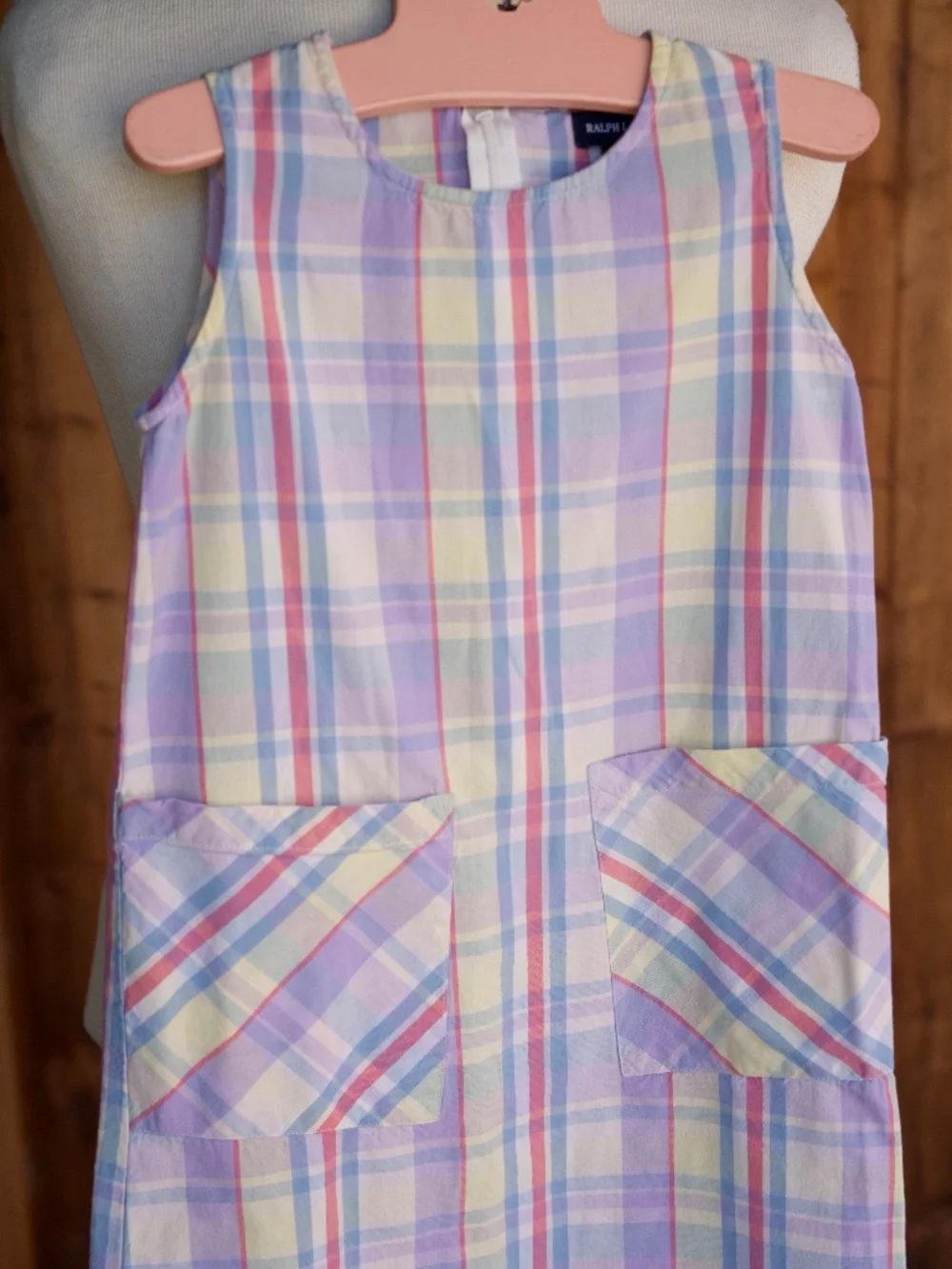 Ralph Lauren 100% Cotton Pastel Plaid Sleeveless Summer Smock Dress Kids 6Y